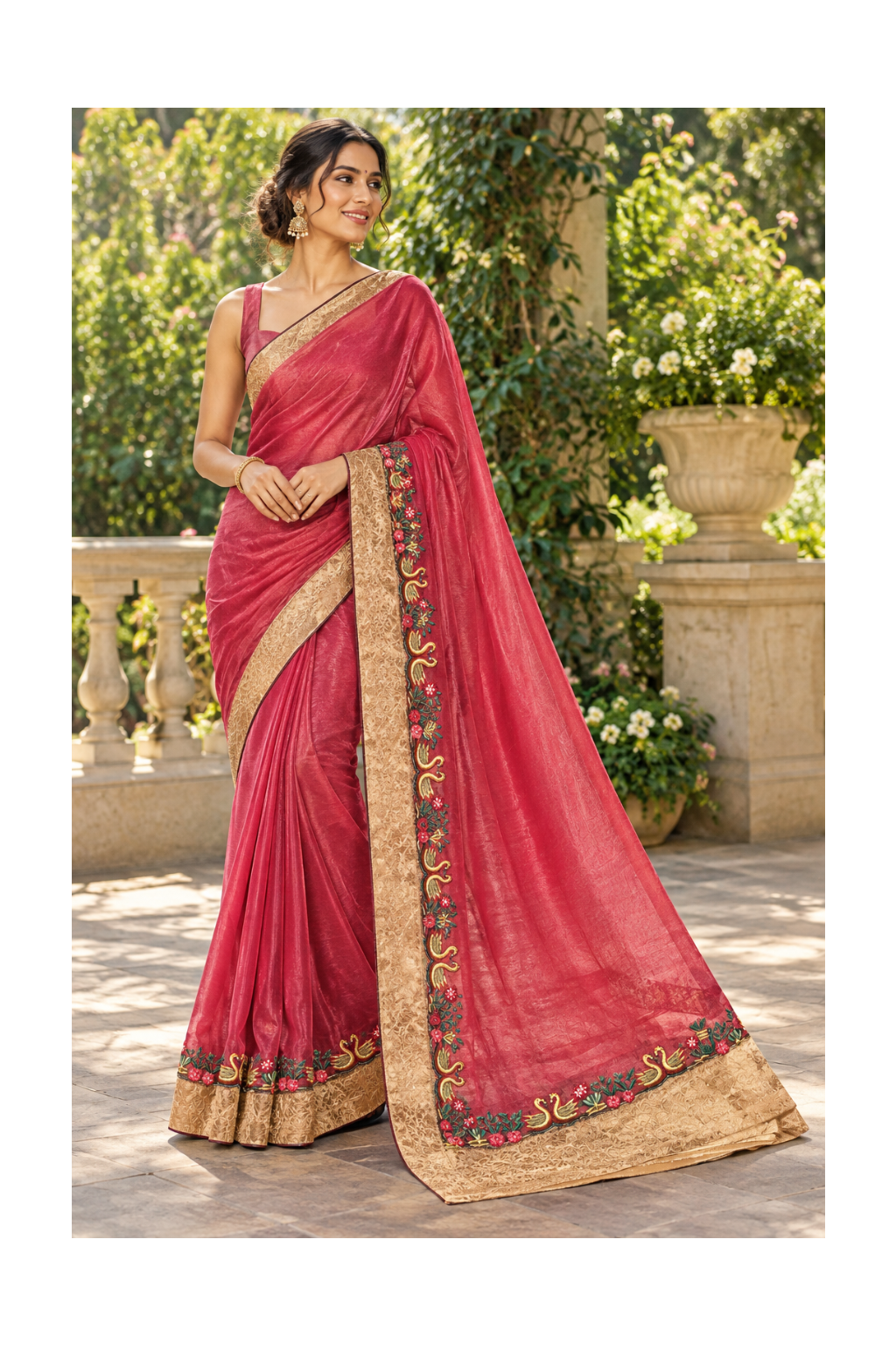 Rose Pink Metallic Tissue Embroidered Saree Main image