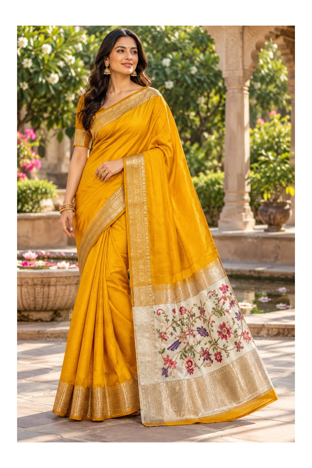 Mustard Yellow Raw Silk Floral Pallu Saree