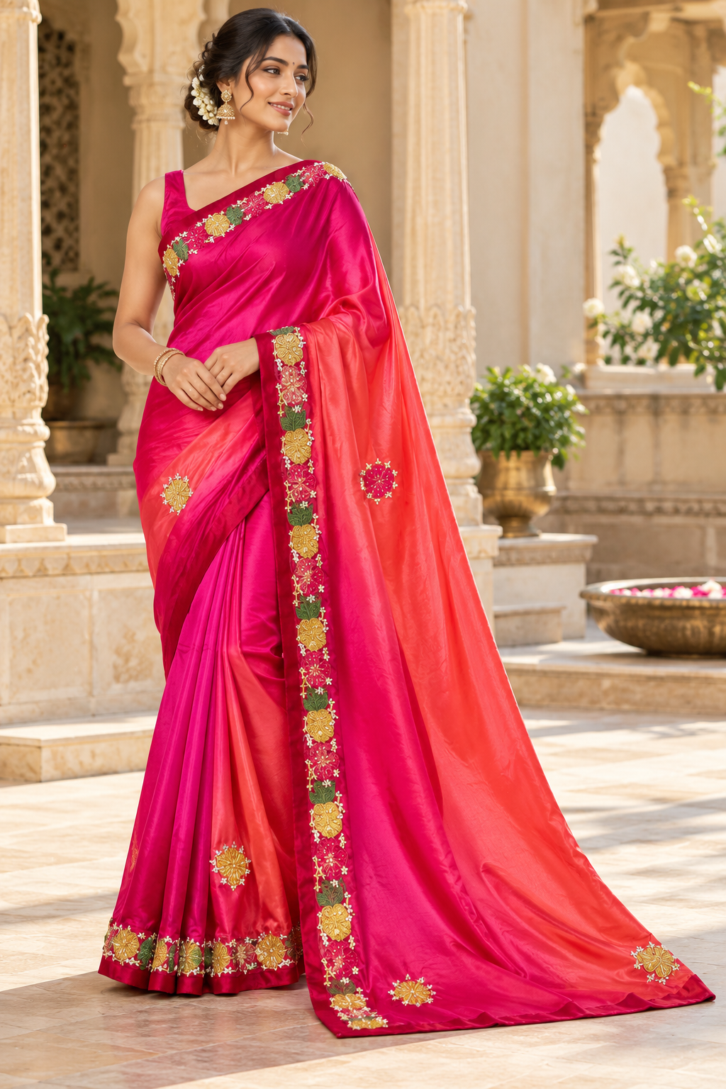 Dual-Tone Rani Pink & Coral Ombré Satin Silk Saree with Floral Hand Embroidery