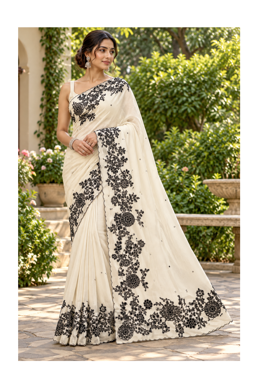 Off-White Black Cutwork Embroidered Organza Saree
