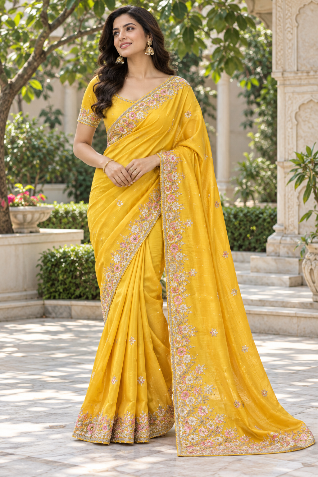 Vibrant Sunshine Yellow Silk Saree with Pastel Pink Resham Floral Embroidery & Zardozi Border
