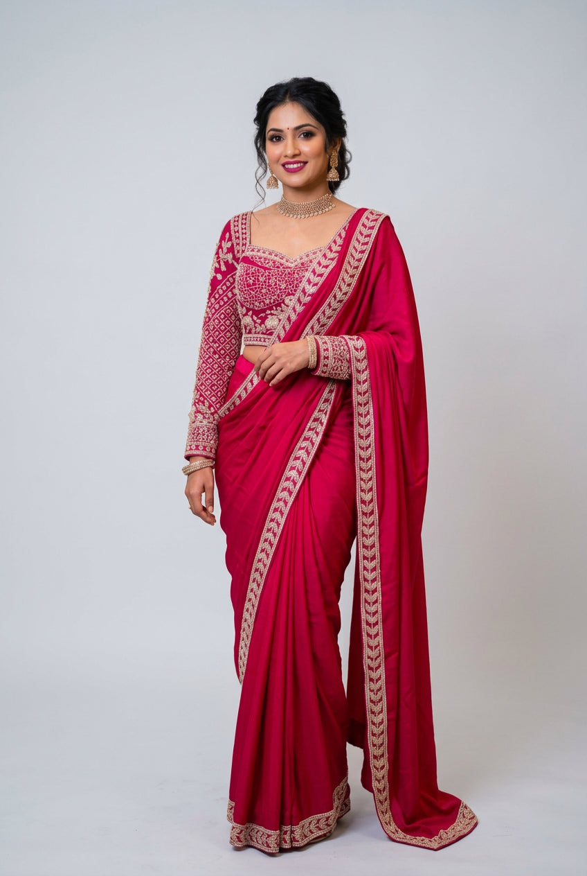 Magenta Embroidered Long-Sleeve Saree Set Main image