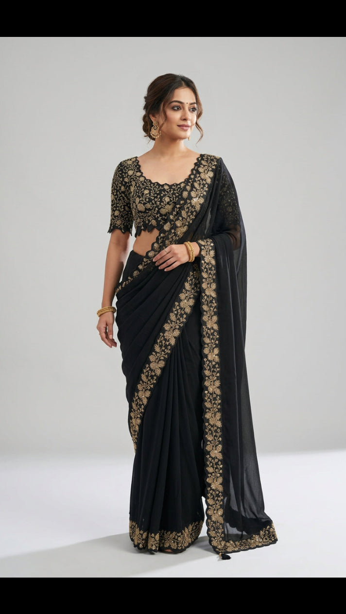 Midnight Black Scalloped Embroidered Saree Set
