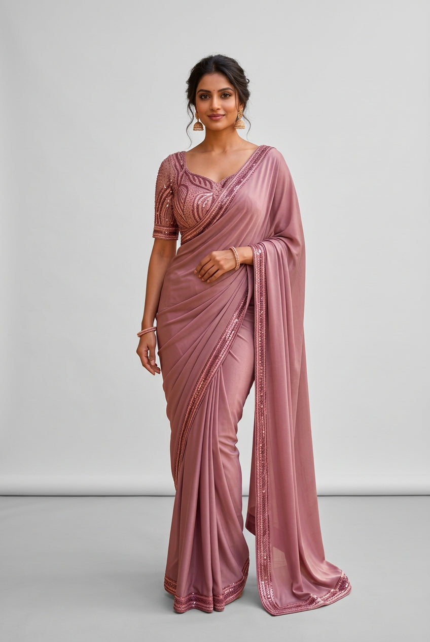 Mauve Sequin-Accented Pre-Draped Saree Main image