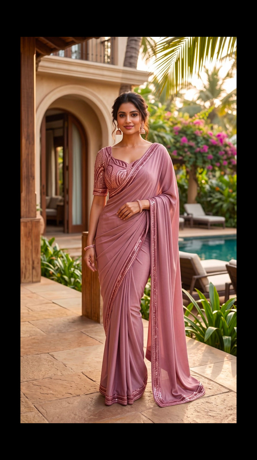 Mauve Sequin-Accented Pre-Draped Saree Main image