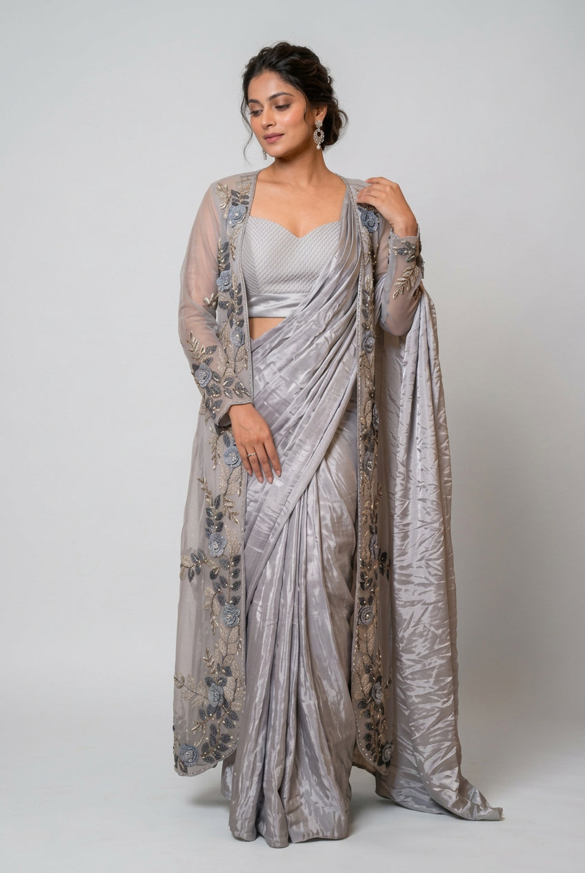 Grey Indo-Western Saree Jacket Set Main image