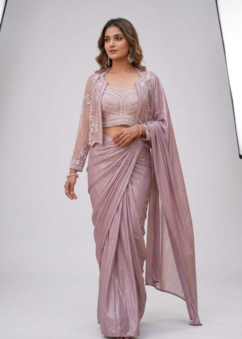 Mauve Shimmer Indo Western Saree Set Main image