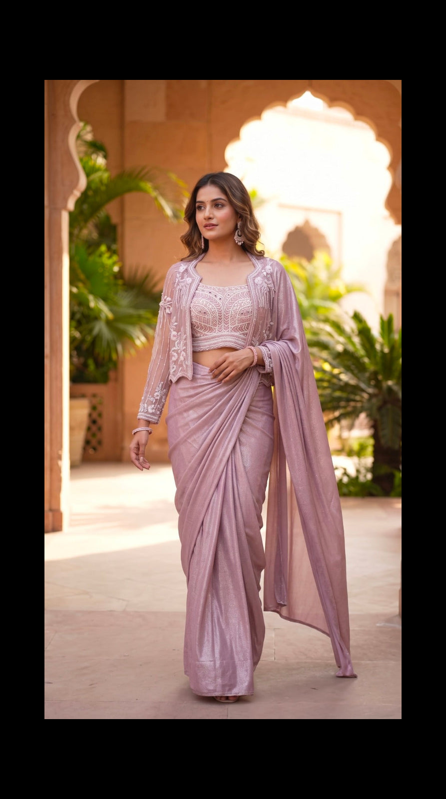 Mauve Shimmer Indo Western Saree Set