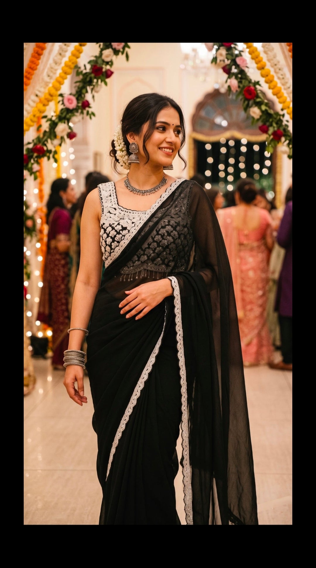 Chic Black Chiffon Party Saree