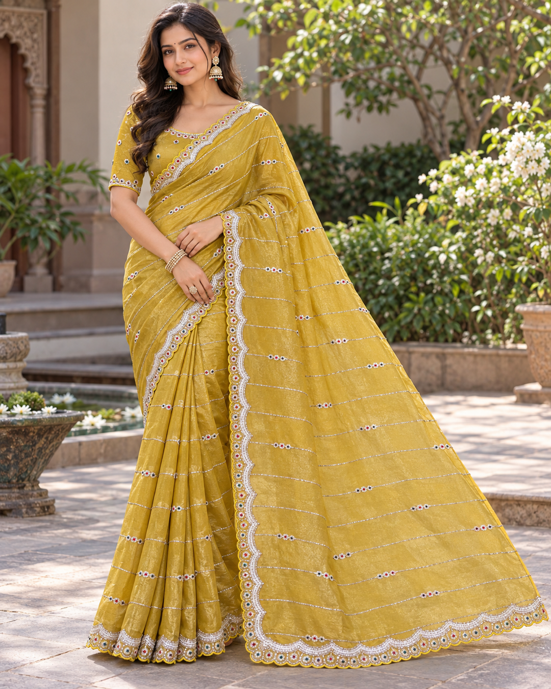 Mustard Yellow Silk Tissue Saree with Horizontal Zari Stripes & Scalloped Cutwork Border