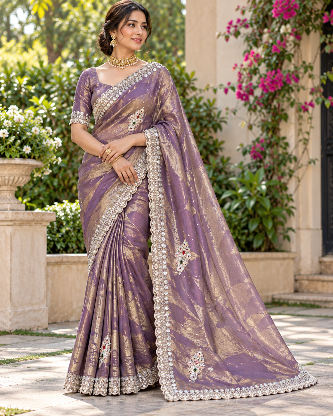 Firozi Teal Metallic Silk Saree with Silver Embroidered Borders Secondary image