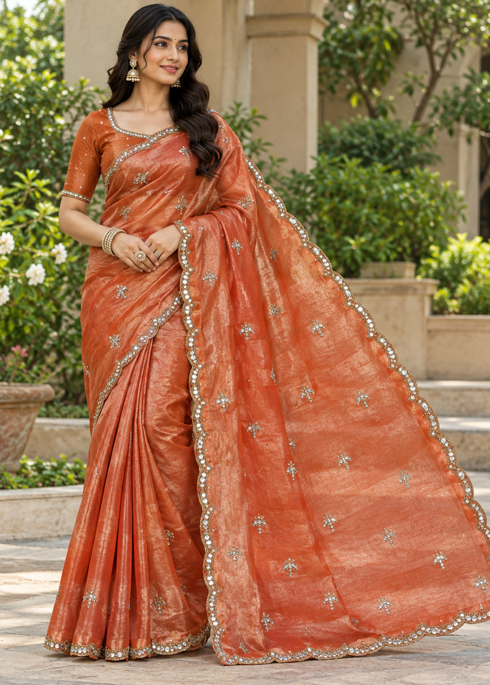 Rust Orange Silk Tissue Saree with Mirror-Work Scalloped Cutwork Border & Zardozi Butis Main image