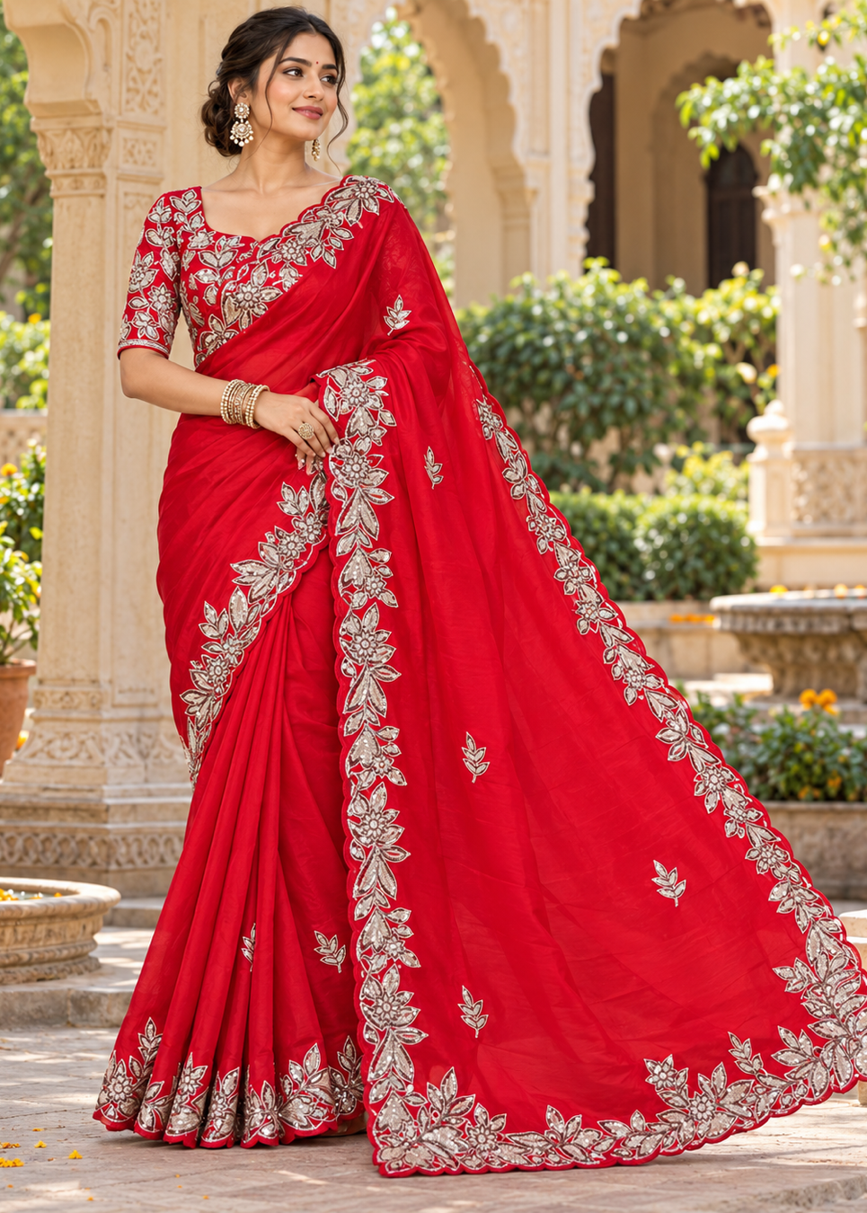 Crimson Red Silk Saree with Floral Scalloped Cutwork Border &amp; Silver Zardozi Embroidery Main image