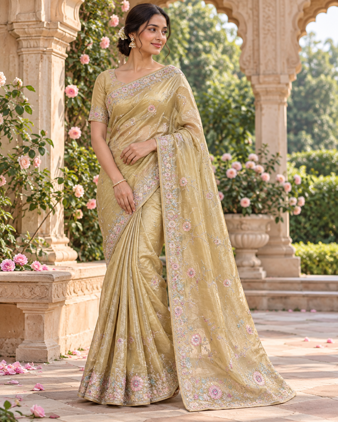 Champagne Gold Floral Embroidered Tissue Saree Main image