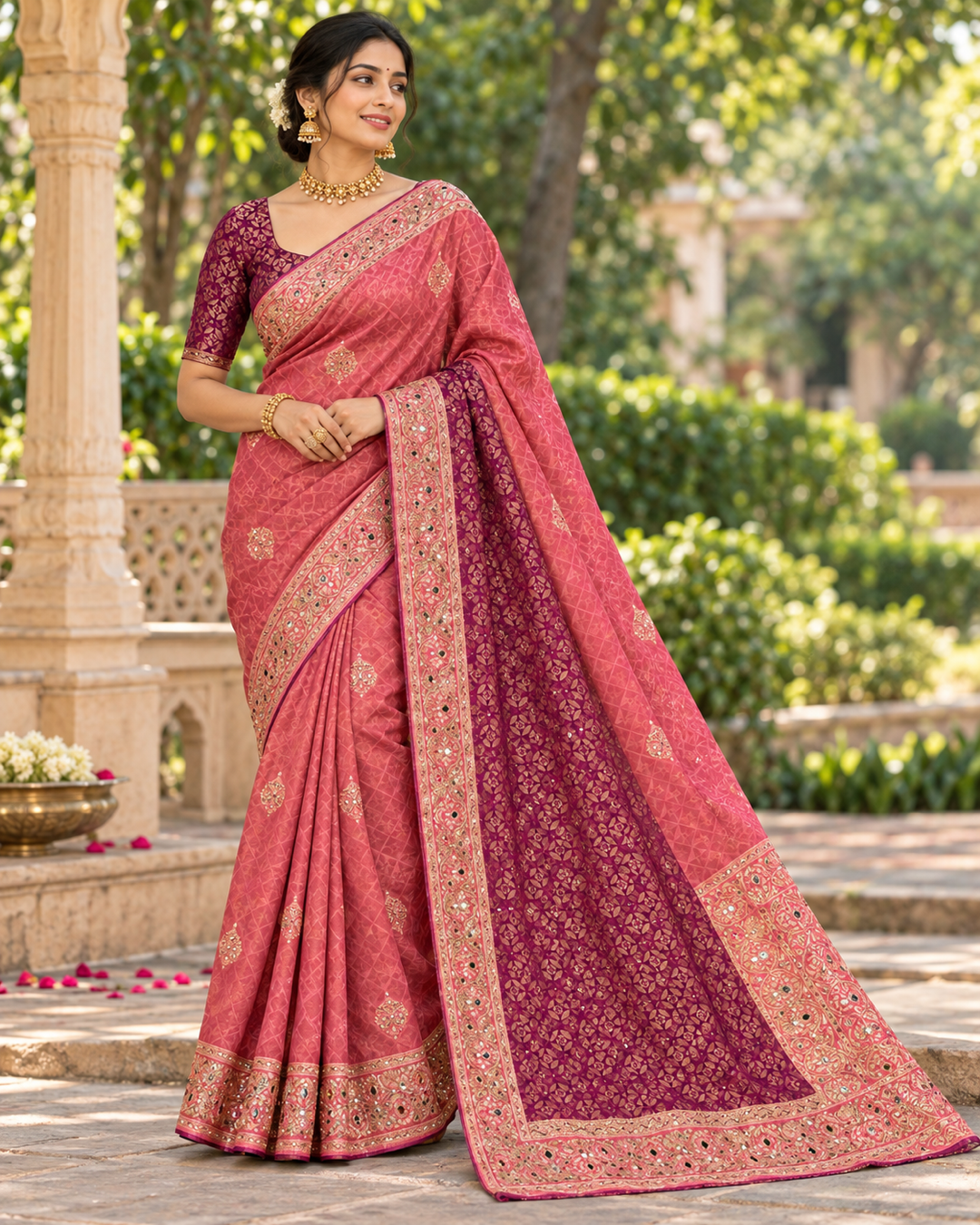 Pink Checkered Saree With Intricate Brocade Motifs