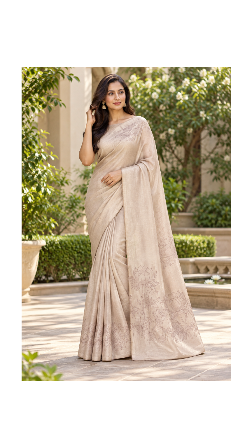 Champagne Beige Lotus Silk Saree Main image