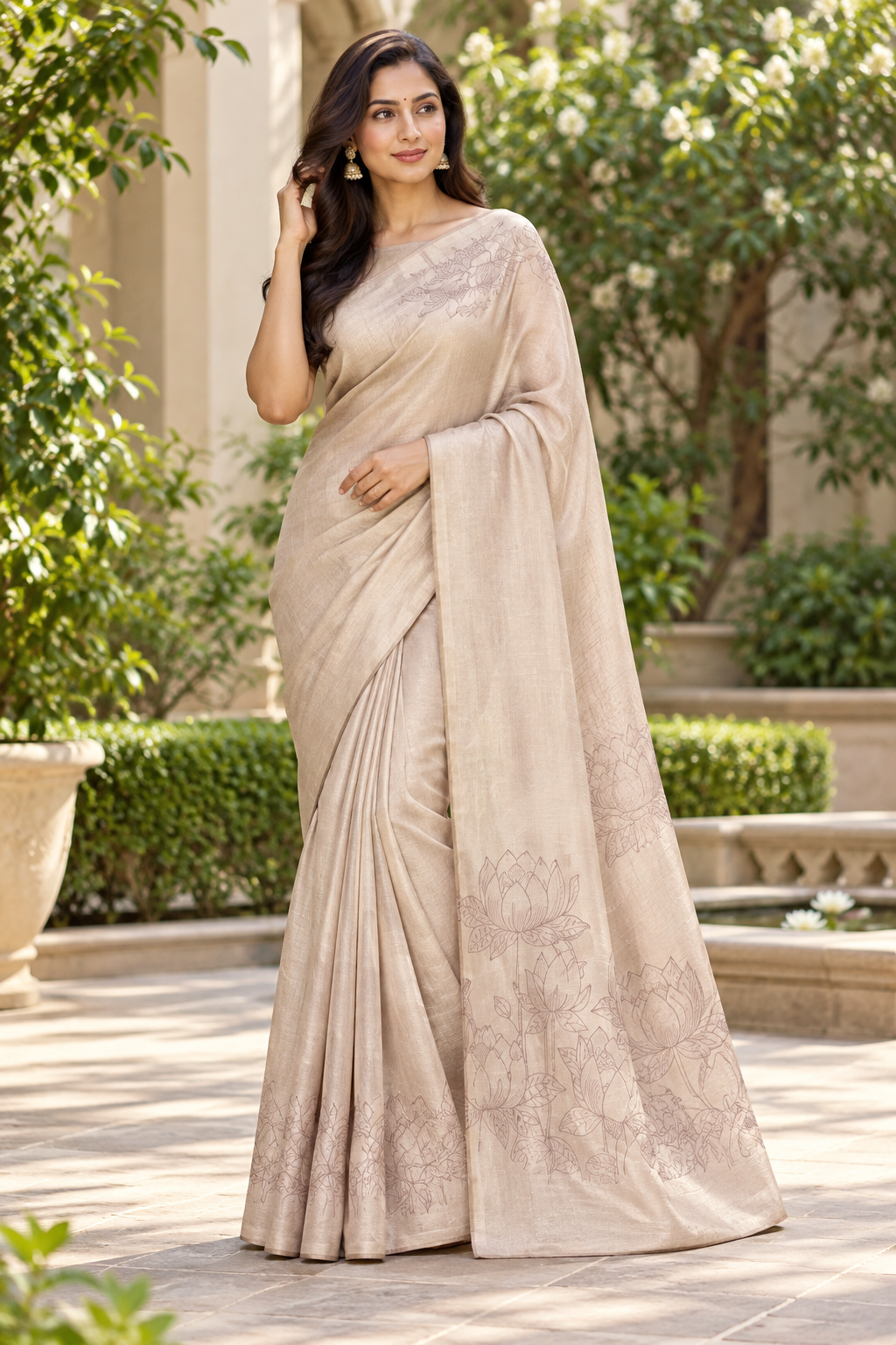Champagne Beige Lotus Silk Saree