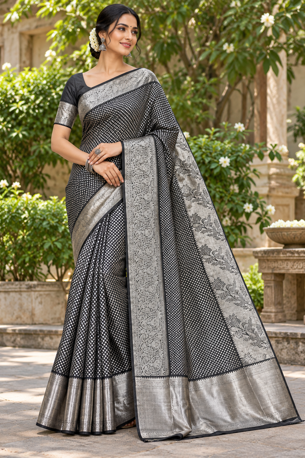 Charcoal Black Silver Banarasi Saree Main image