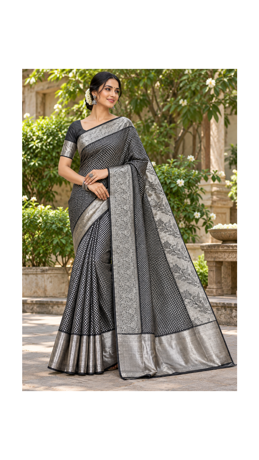 Charcoal Black Silver Banarasi Saree Main image