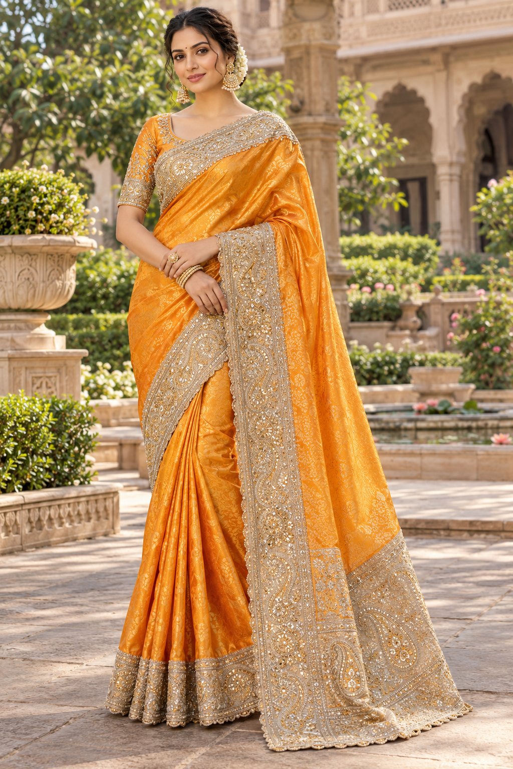 Radiant Mango Yellow Silk Saree with Woven Floral Damask & Intricate Zardozi Scalloped Border