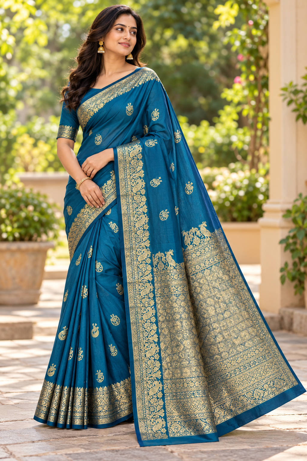 Peacock Blue Silk Saree with Gold Zari Paisley Motifs & Peacock Brocade Pallu