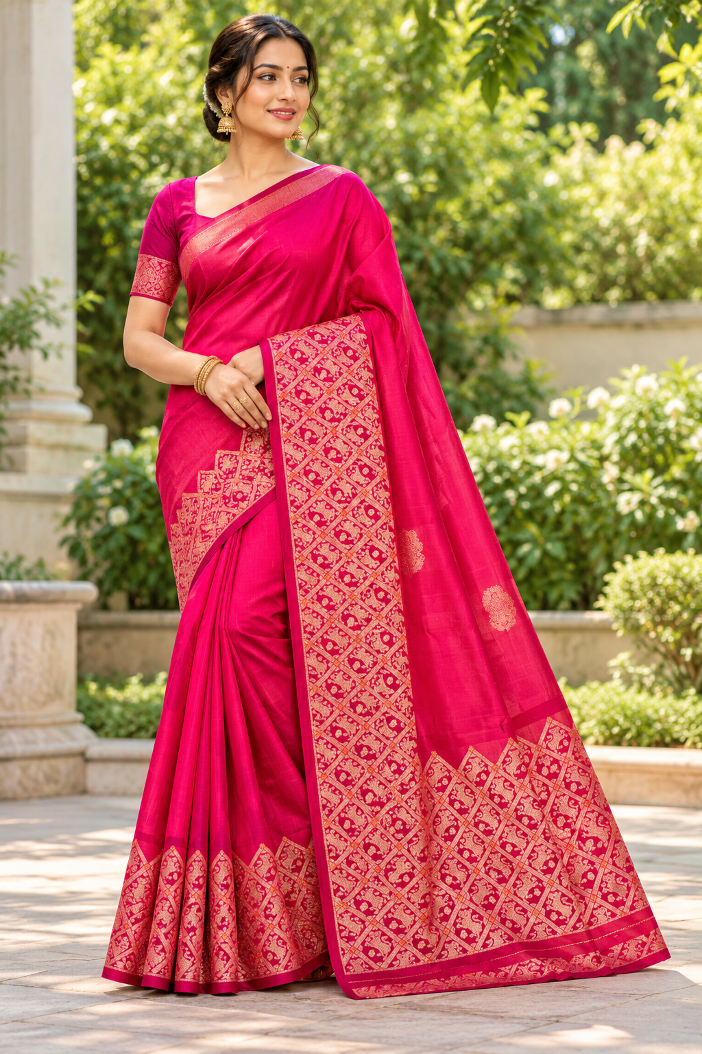 Fuchsia Pink Zari Border Saree