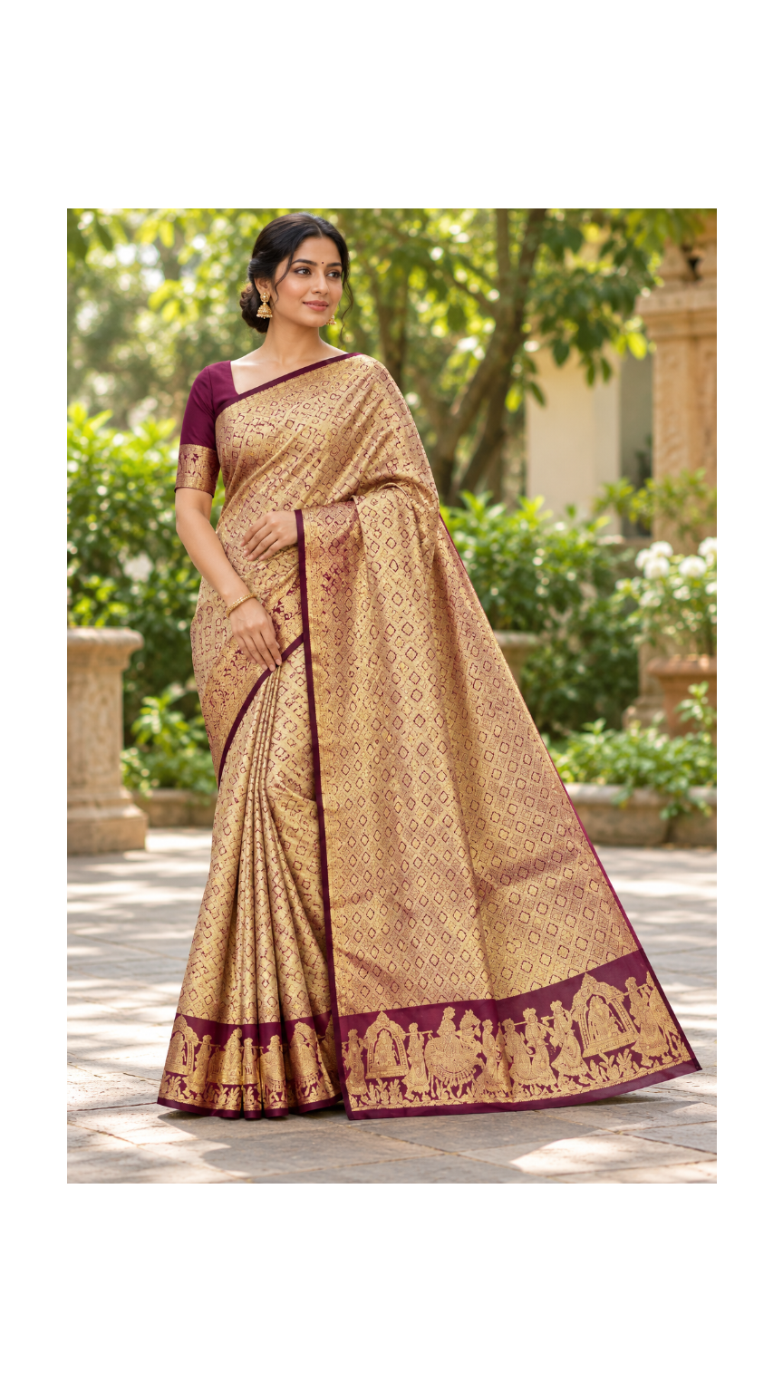Golden Beige Wine Silk Saree Main image