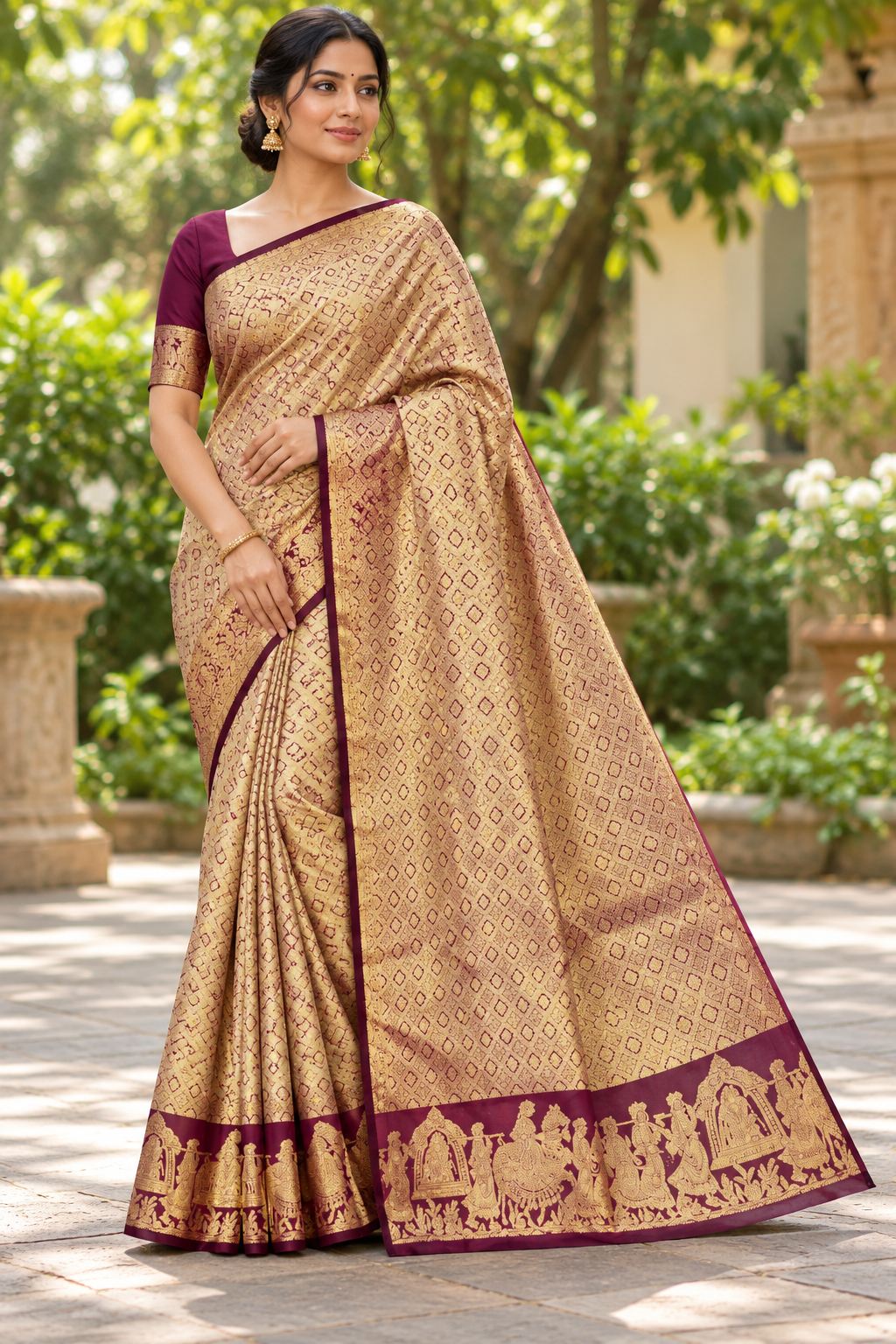 Golden Beige Wine Silk Saree