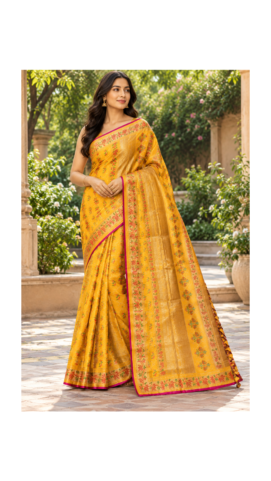 Golden Yellow Floral Silk Saree Main image