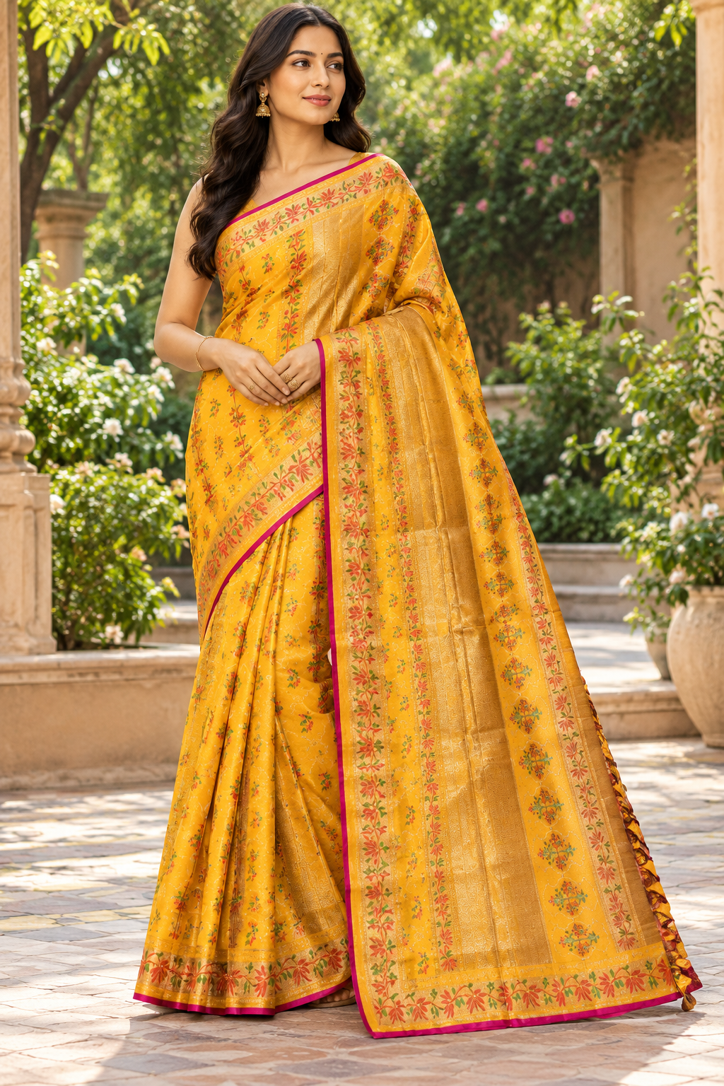 Golden Yellow Floral Silk Saree