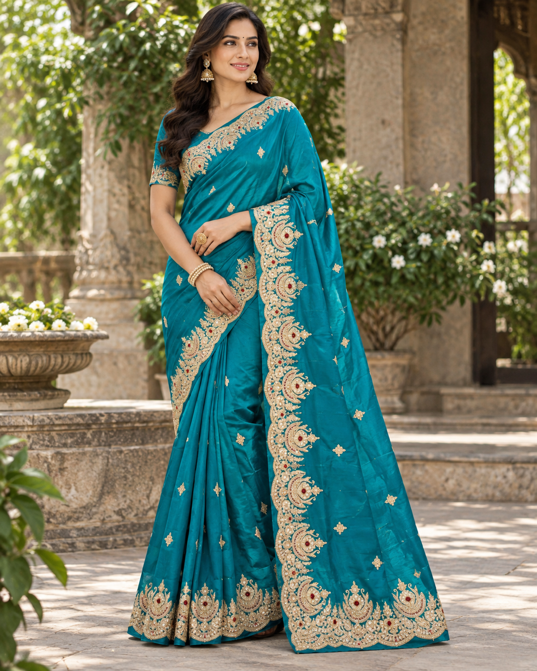 Teal Blue Floral Embroidered Saree Main image
