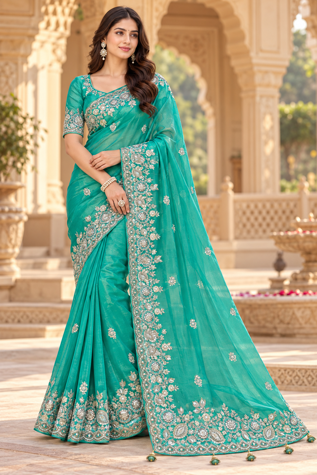 Vibrant Sea Green Embroidered Silk Saree