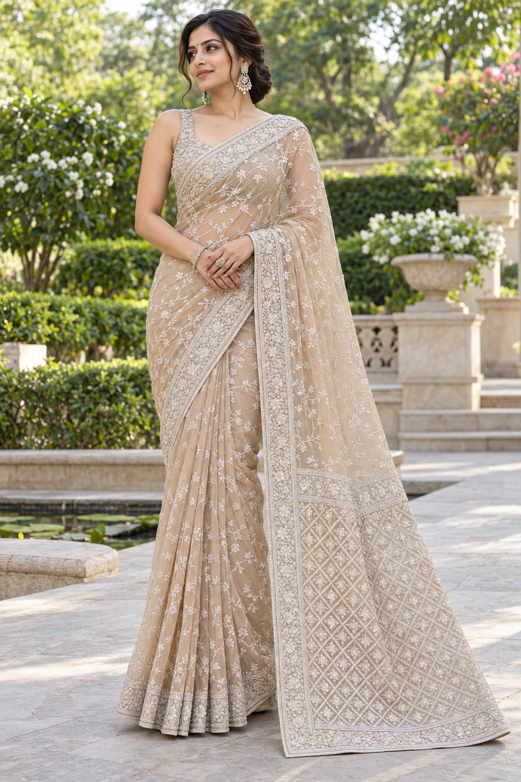 Beige Nude Net Saree with White Resham Chikankari Leaf Jaal & Diamond Lattice Pallu