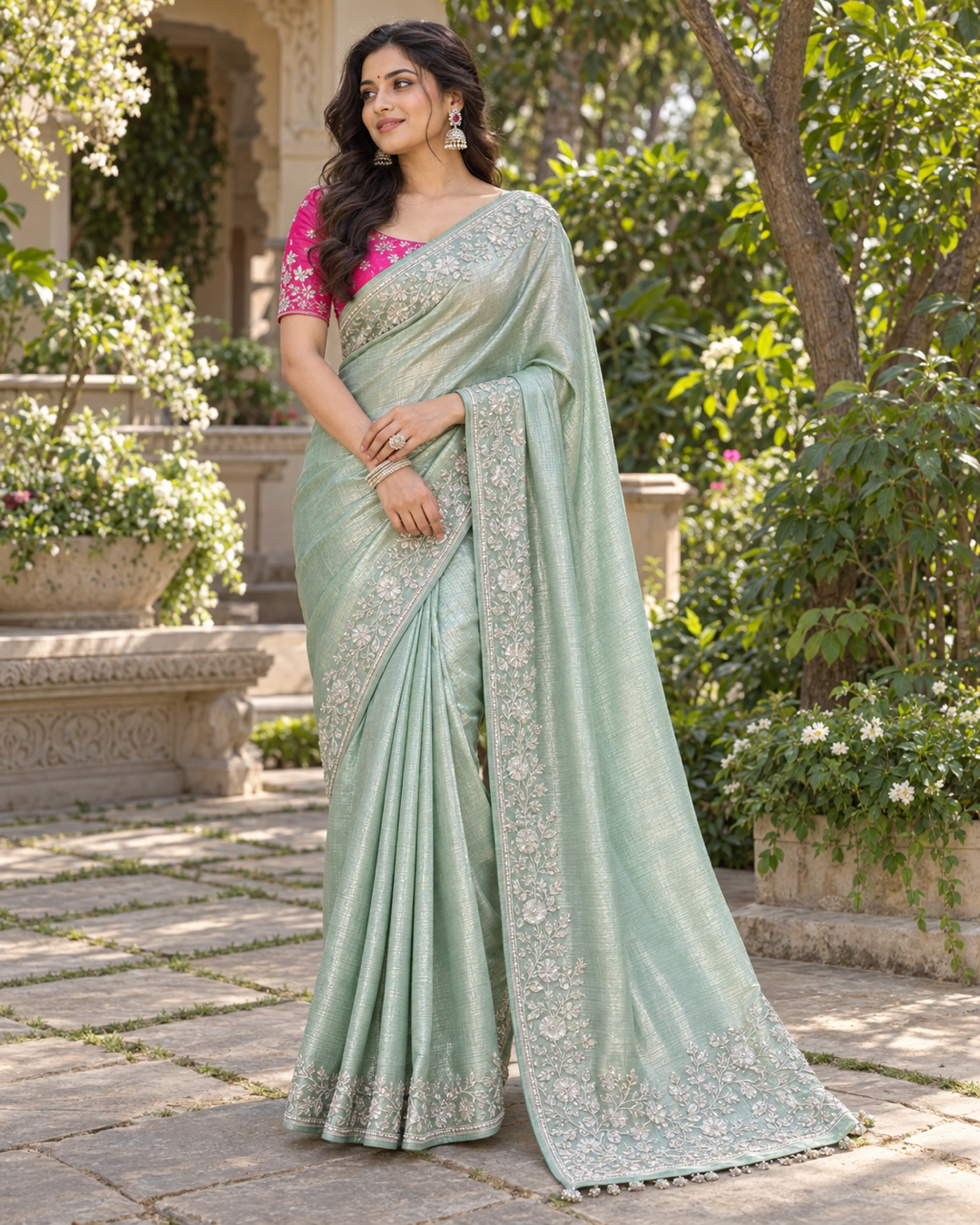 Peacock Blue Floral Zari Woven Saree