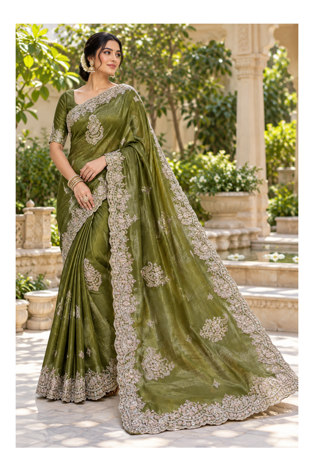 Olive Green Embroidered Metallic Tissue Saree