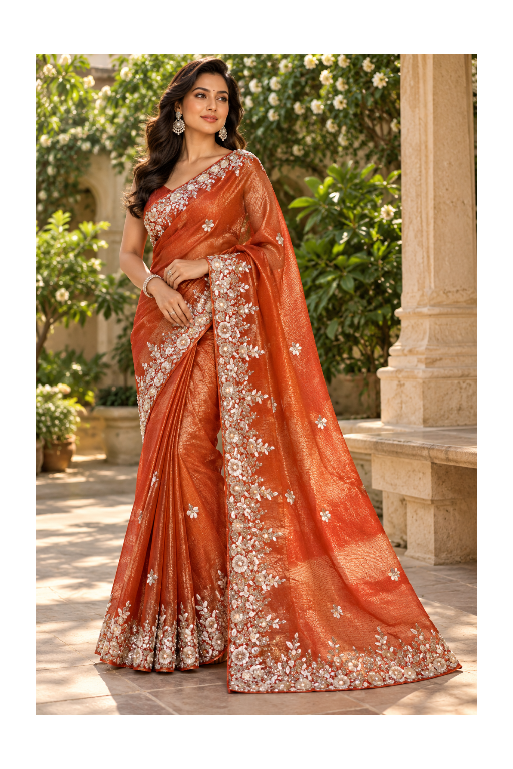 Rust Orange Metallic Tissue Saree