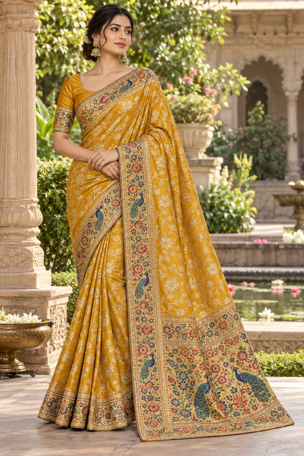 Mustard Yellow Silk Saree with All-Over Floral Jaal & Peacock Meenakari Border