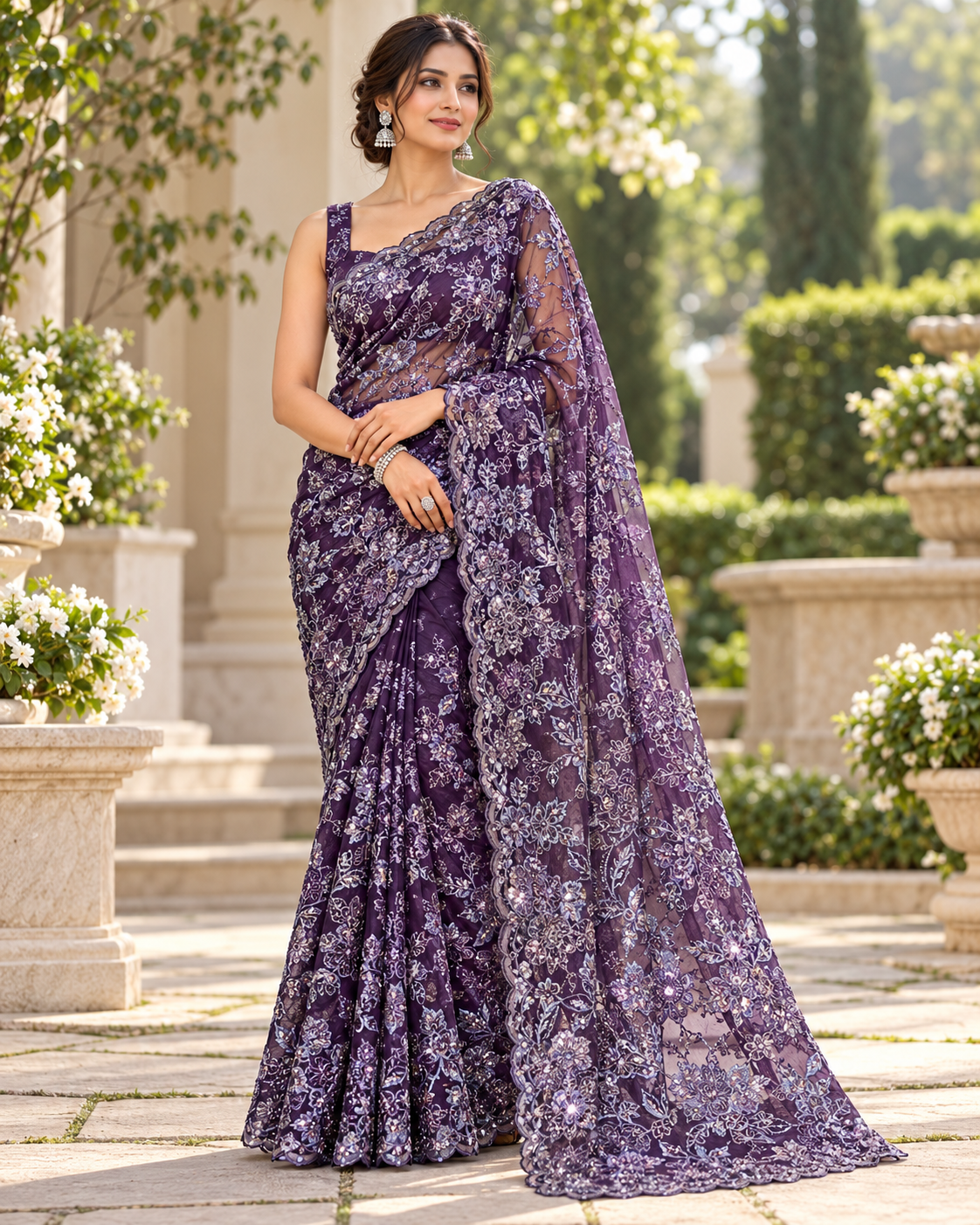 Deep Purple Embroidered Net Saree