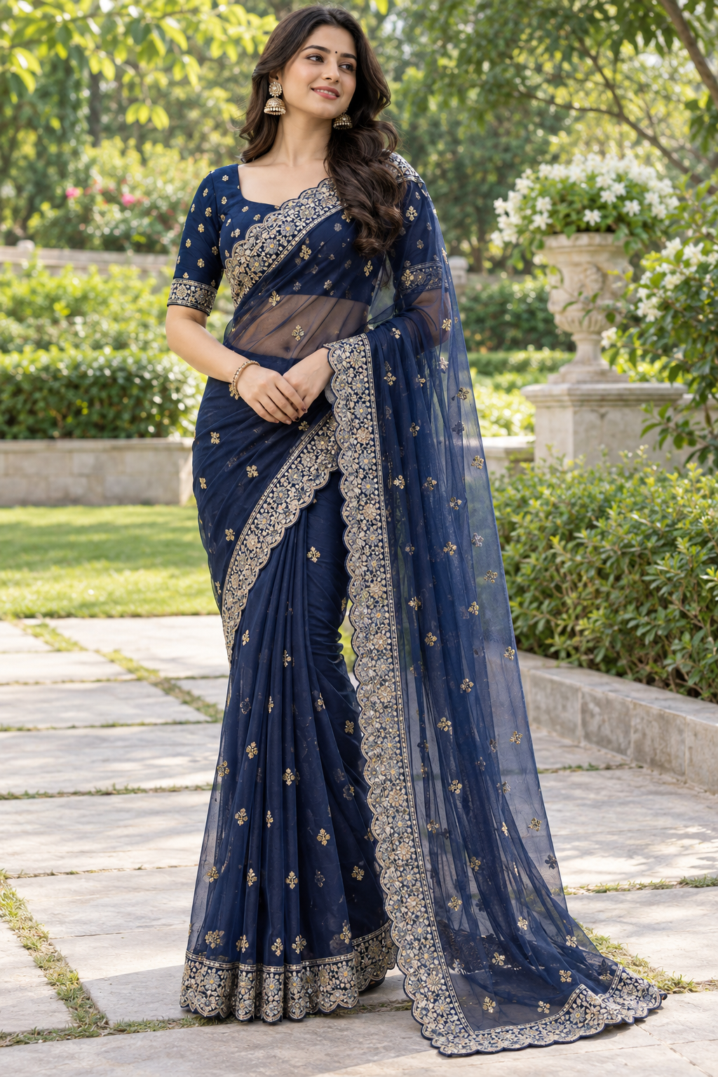Midnight Navy Blue Net Saree with Gold Zardozi Floral Buttis & Scalloped Embroidered Border