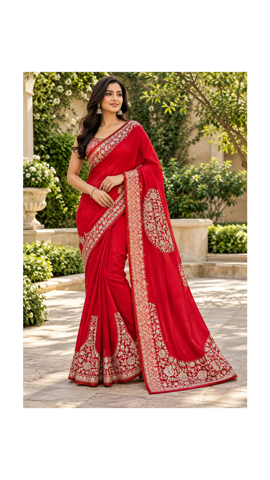 Crimson Red Embroidered Silk Saree Main image