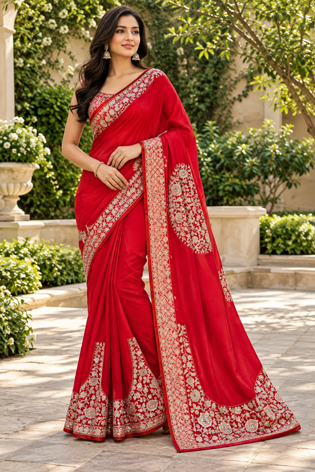 Crimson Red Embroidered Silk Saree