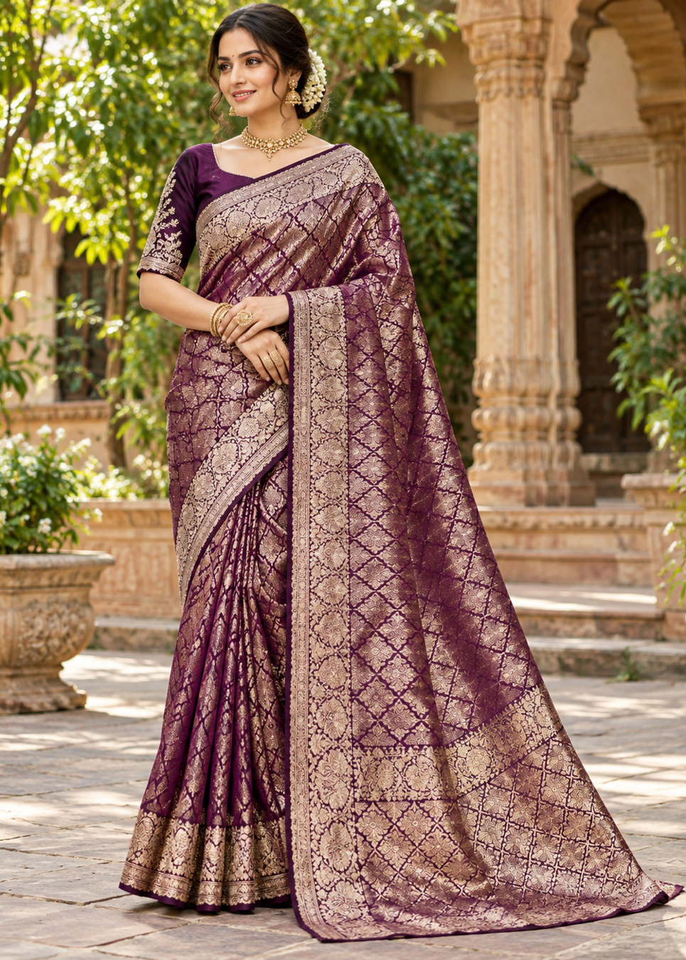 Deep Wine Purple Silk Saree with Antique Gold Zari Lattice & Floral Brocade Pallu