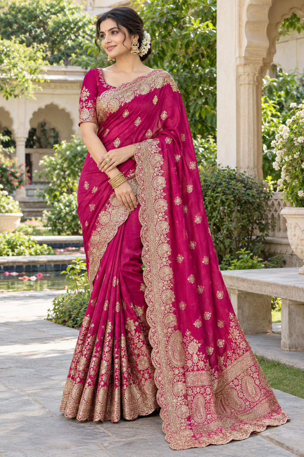 Royal Rani Pink Silk Saree with Antique Gold Zardozi Medallions & Scalloped Cutwork Border