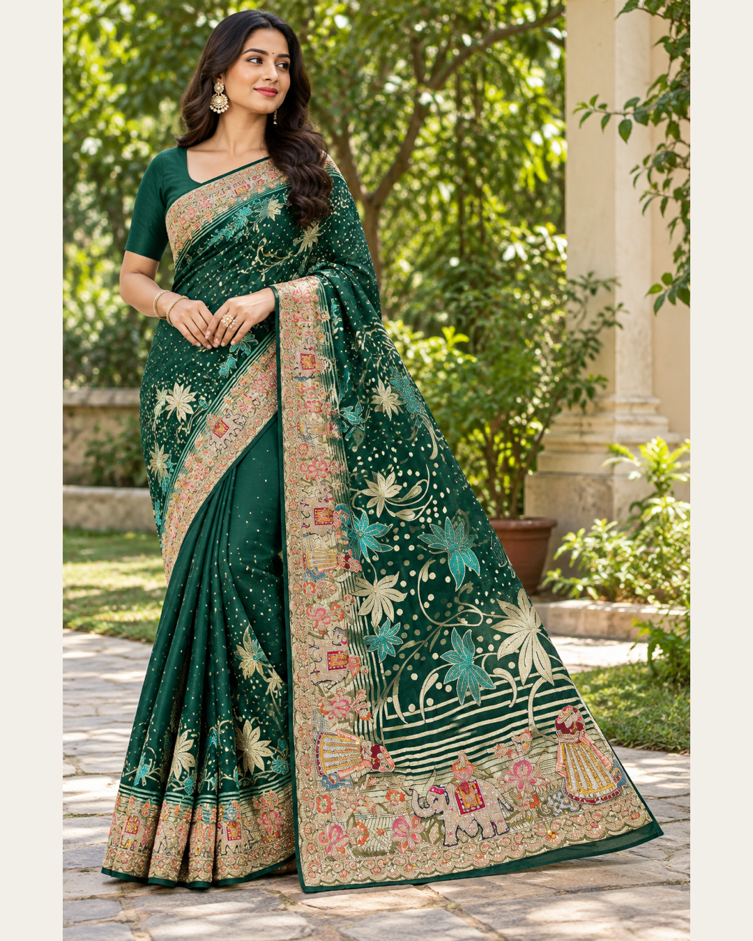 Green Saree with Ornate Floral Borders