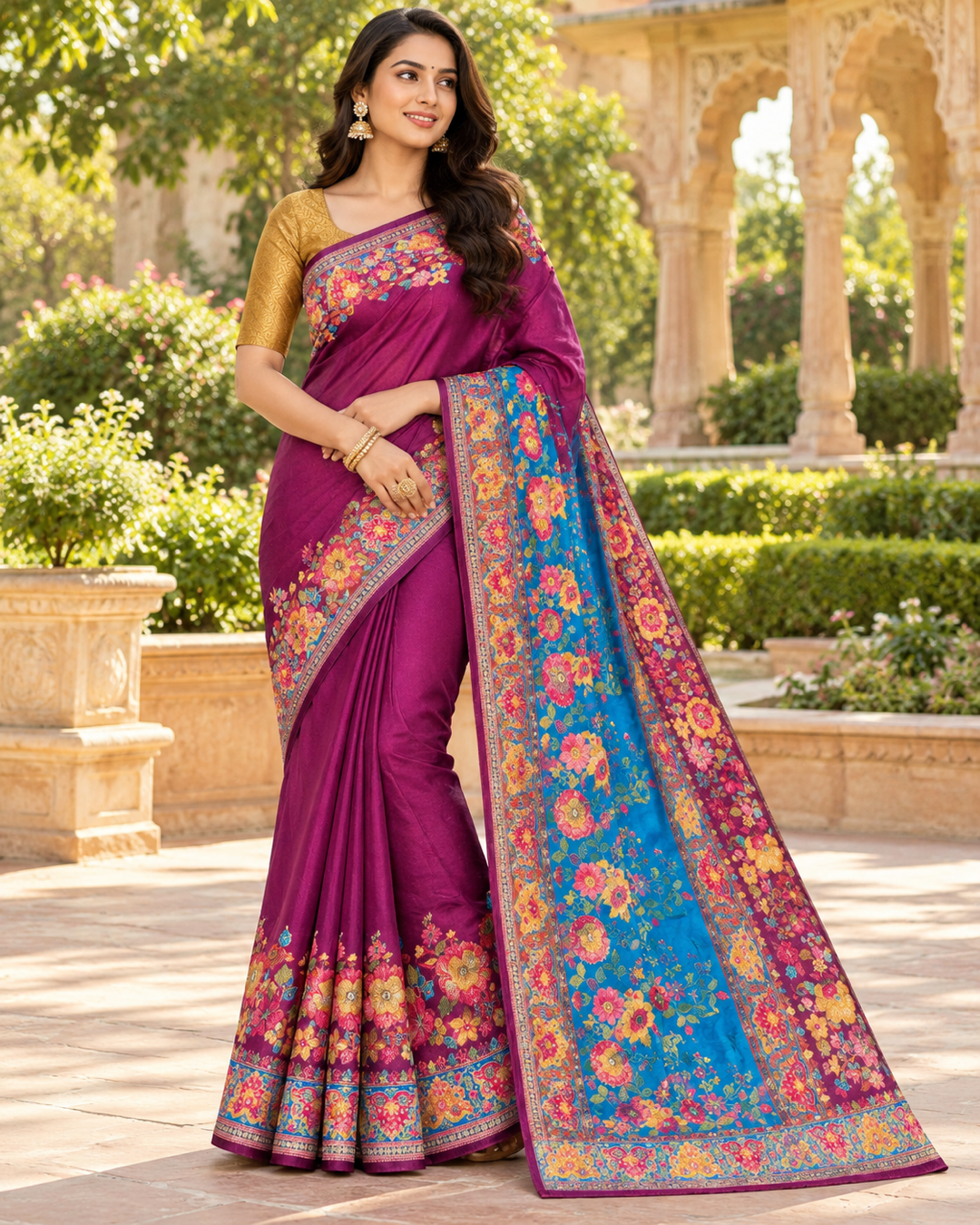 Deep Purple Silk Blend Saree with Multi-Color Floral Embroidered Border & Royal Blue Pallu