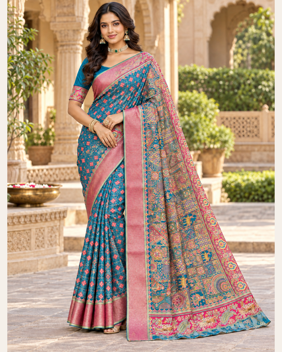 Teal Blue & Blush Pink Floral Printed Saree Main image