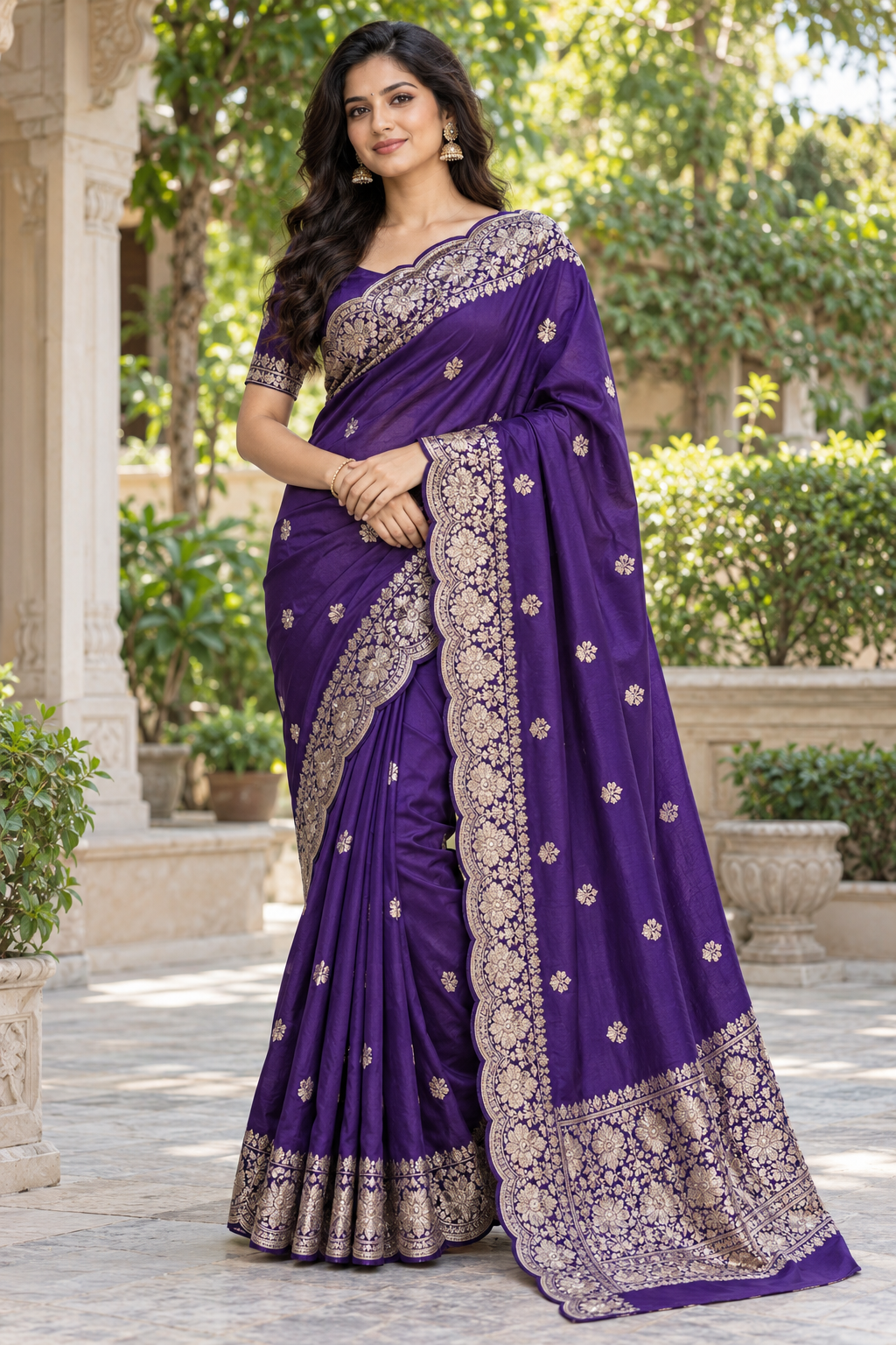 Royal Violet Silk Saree with Silver Zardozi Floral Motifs & Scalloped Cutwork Border
