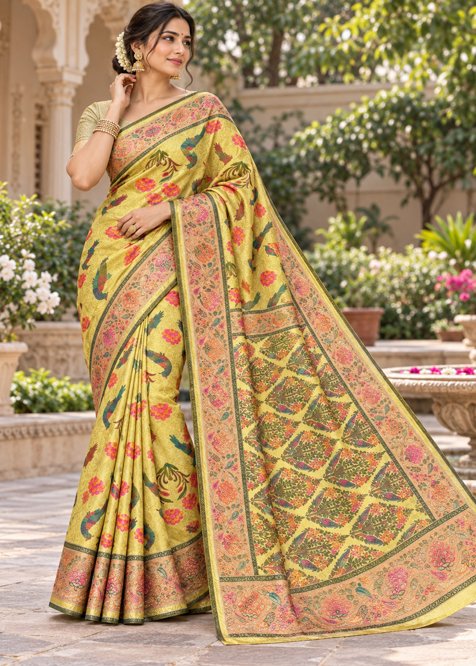 Lime Green Silk Tissue Saree with Avian &amp; Floral Motifs, Pink Meenakari Border &amp; Brocade Pallu