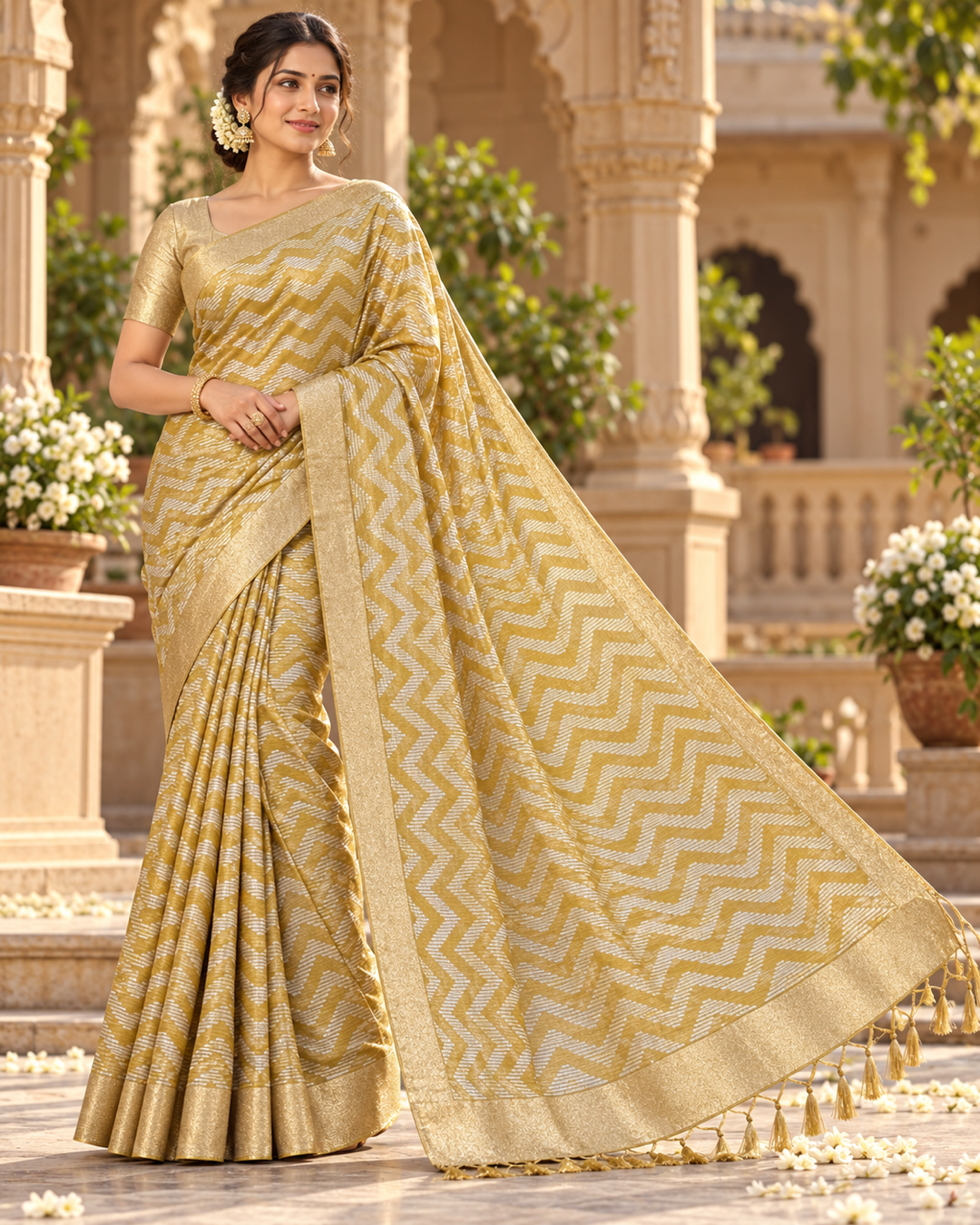 Mustard Yellow Chevron Silk Saree with Zari Border & Tassels Main image