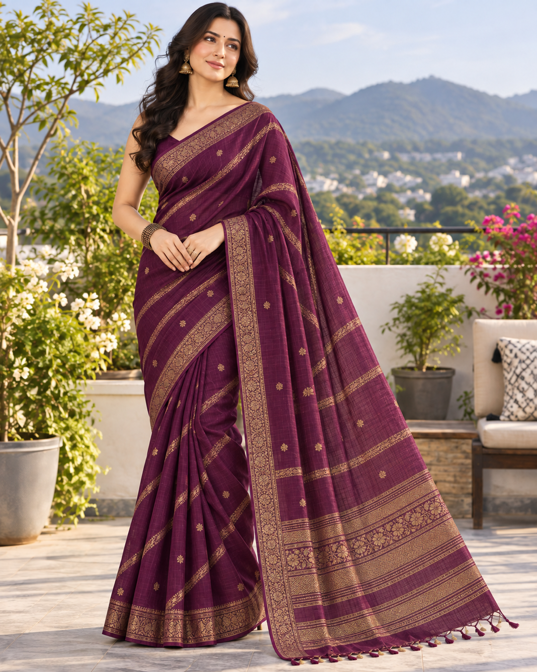 Deep Plum Purple Saree with Antique Gold Zari Floral Detailing Main image